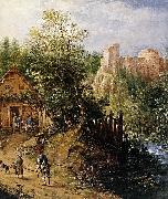 Pieter van Gunst Mountain Valley with Inn and Castle oil painting reproduction